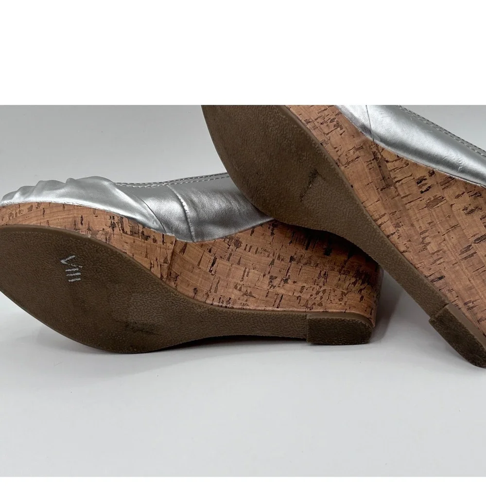 Apt. 9 Womens Silver Metallic Peep Toe Cork Wedge Slingback Sandals Size 9